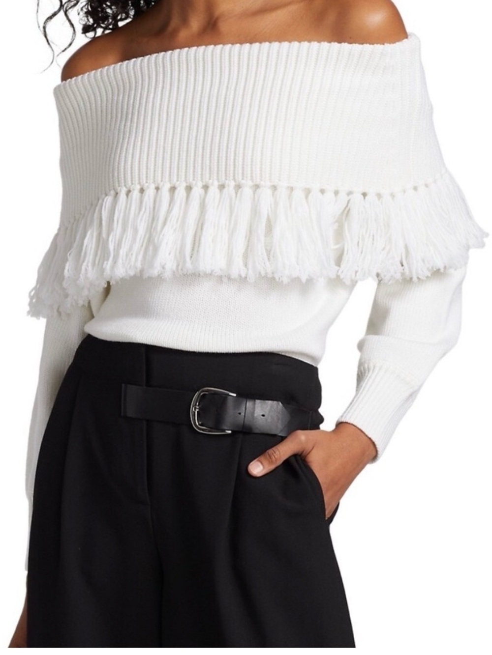 Alice + Olivia Bardot Off-Shoulder Fringe Wool Sweater Size S/P